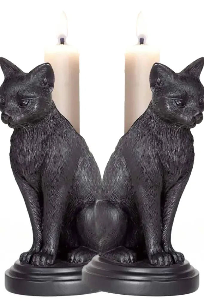 Alchemy Gothic Alchemy Faust's Familiar Cat Candlesticks Pair