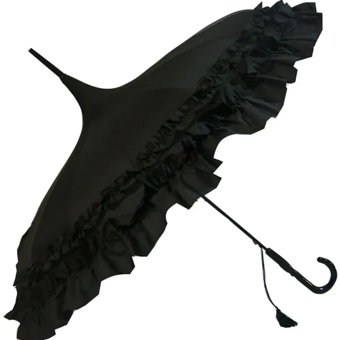 Soake Black Frilled Pagoda Umbrella / Parasol