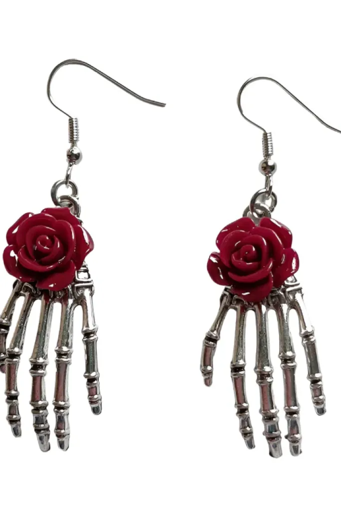 Gothic and Steampunk Jewellery Dark Red Rose Skeleton Earrings