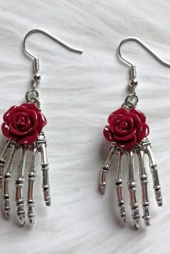 Gothic and Steampunk Jewellery Dark Red Rose Skeleton Earrings