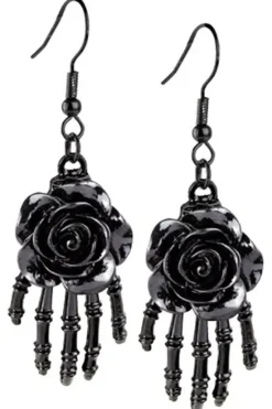 Echt etNox Black Rose on Skeletal Hand Earrings