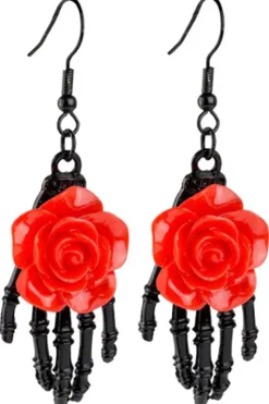 Echt etNox Red Rose on Skeletal Hand Earrings