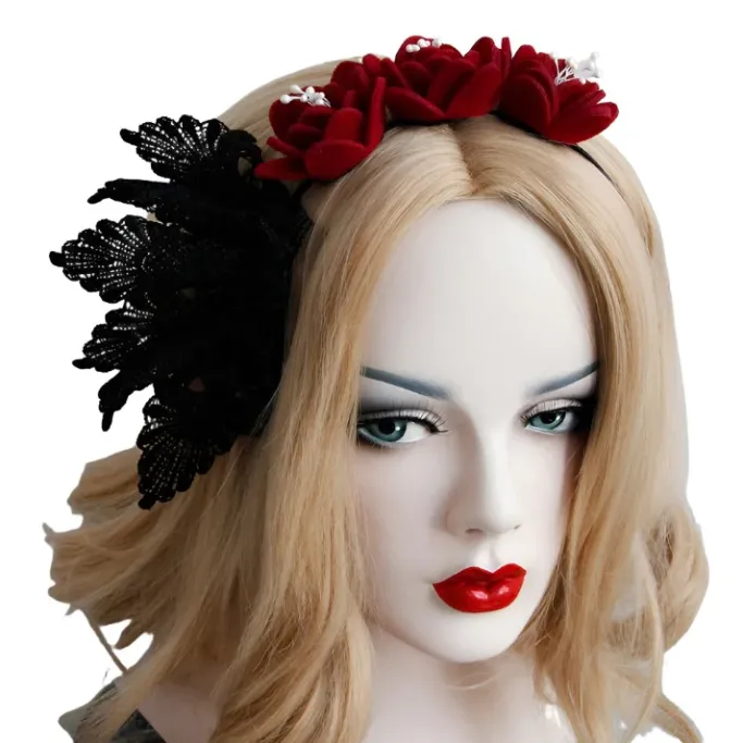 Gothic Hair Accessories Felt Rose and Lace Headband