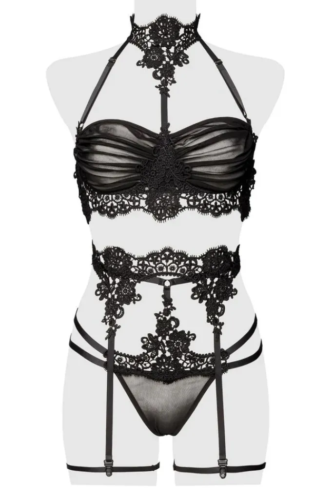 Grey Velvet Black Erotic Lingerie Set