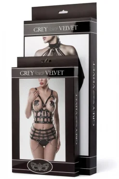 Grey Velvet Lingerie Set with Skirt