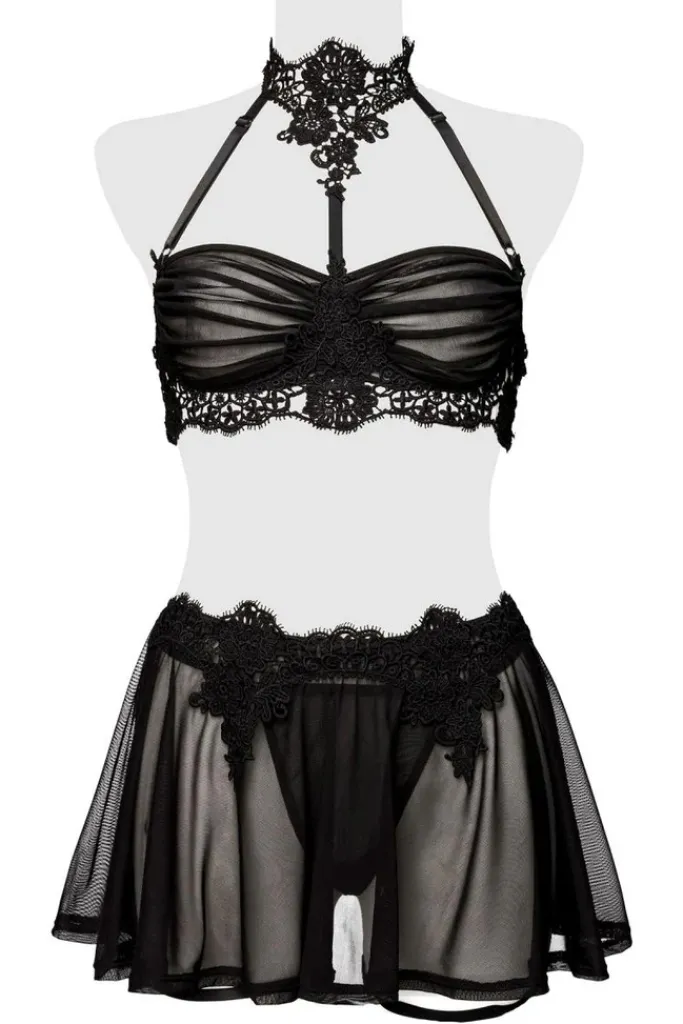 Grey Velvet Lingerie Set with Skirt