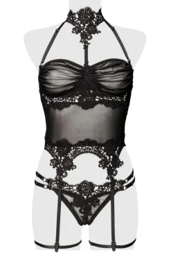 Grey Velvet Mesh Lingerie Set