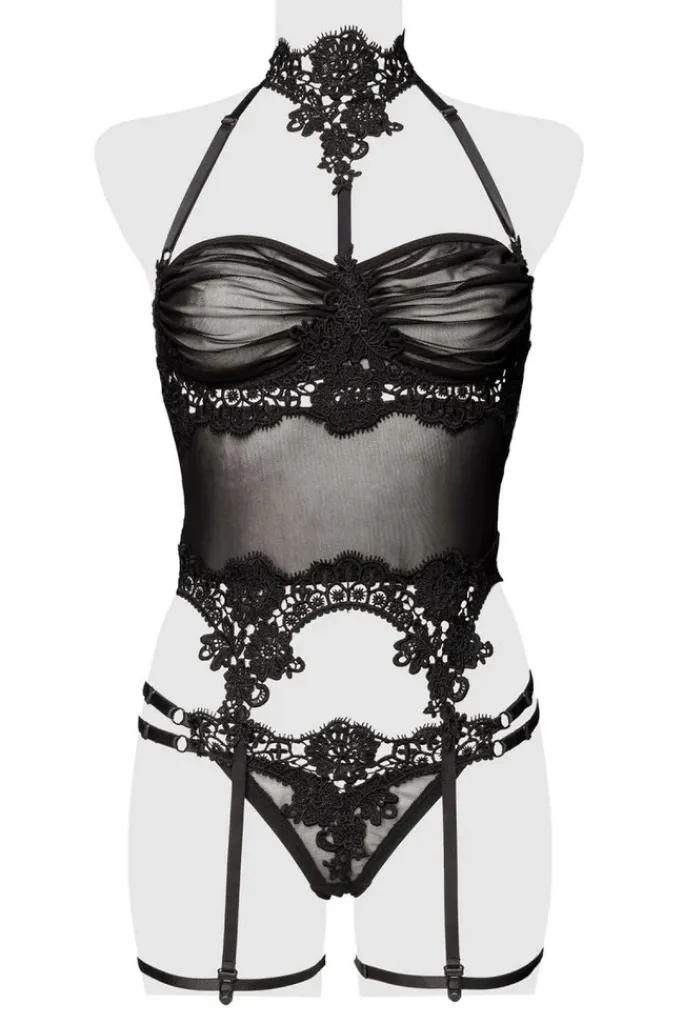 Grey Velvet Mesh Lingerie Set