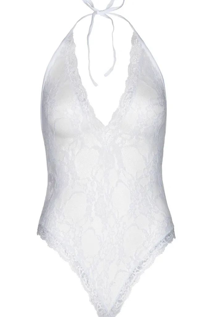 Leg Avenue Lace Deep-V Teddy and Stockings White