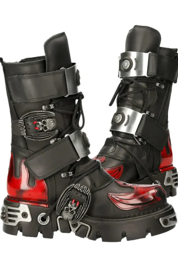 New Rock Boots New Rock Dark Red Bat and Flames Boots, M.195-S1