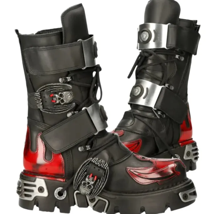 New Rock Boots New Rock Dark Red Bat and Flames Boots, M.195-S1