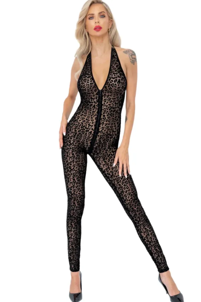 Noir Handmade Leopard Flock Halter Catsuit