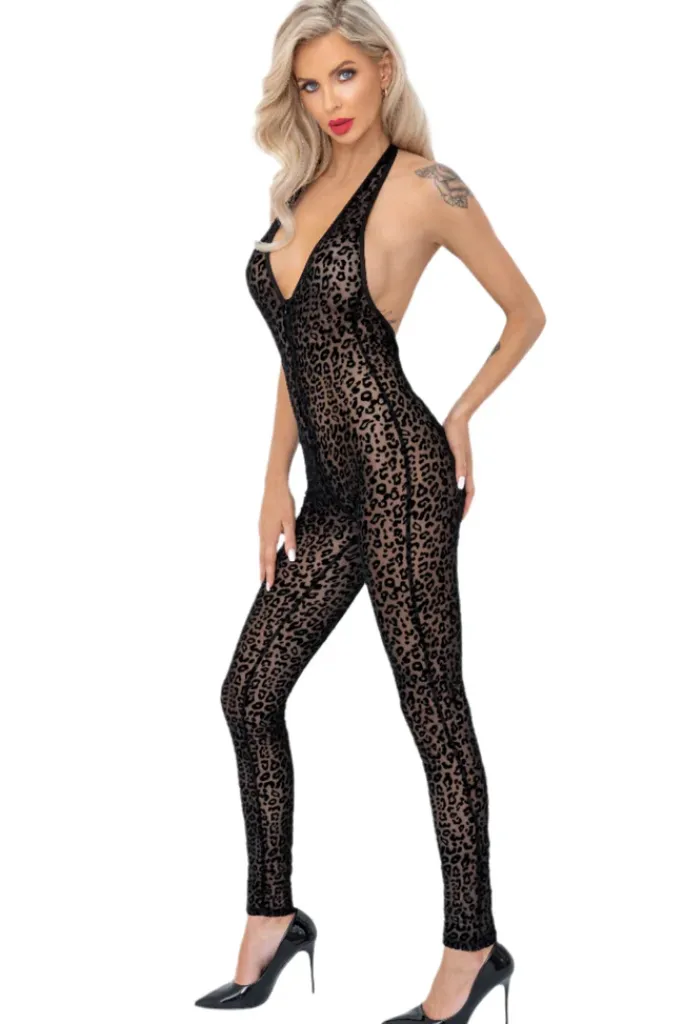 Noir Handmade Leopard Flock Halter Catsuit