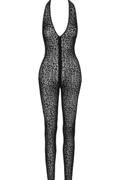 Noir Handmade Leopard Flock Halter Catsuit