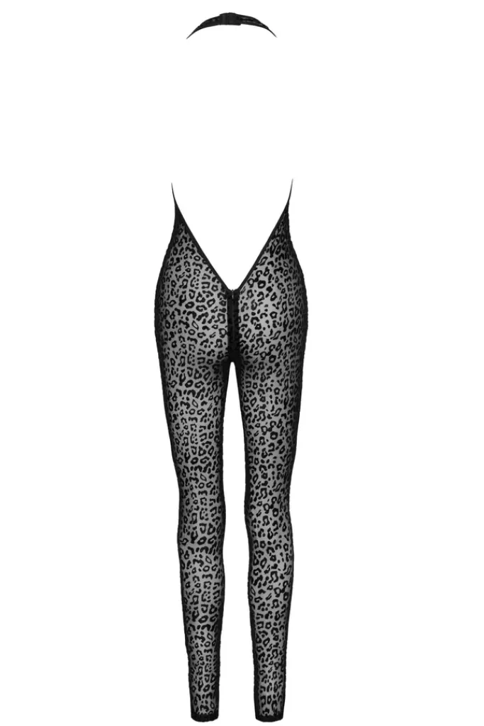 Noir Handmade Leopard Flock Halter Catsuit