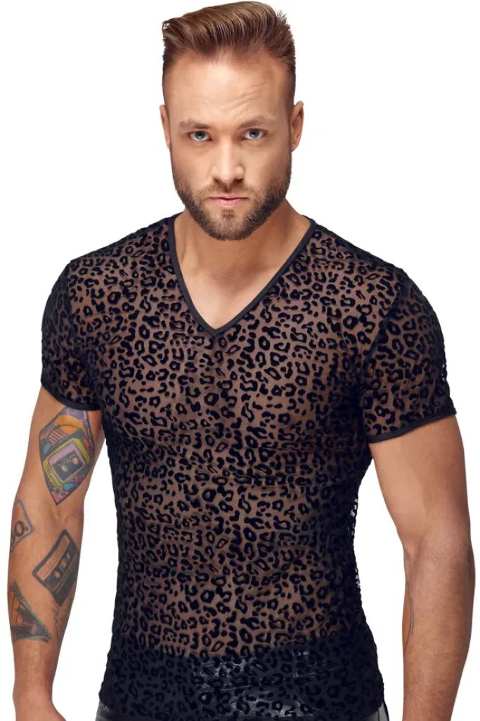 Noir Handmade Leopard Flock V-neck T-Shirt