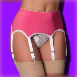 Nylon Dreams 6 Strap Suspender Belt Pink/White