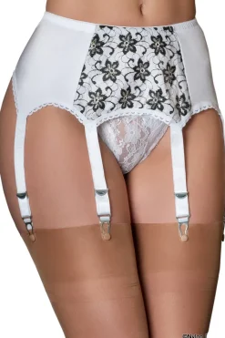 Nylon Dreams 6 Strap White Flower Suspender Belt