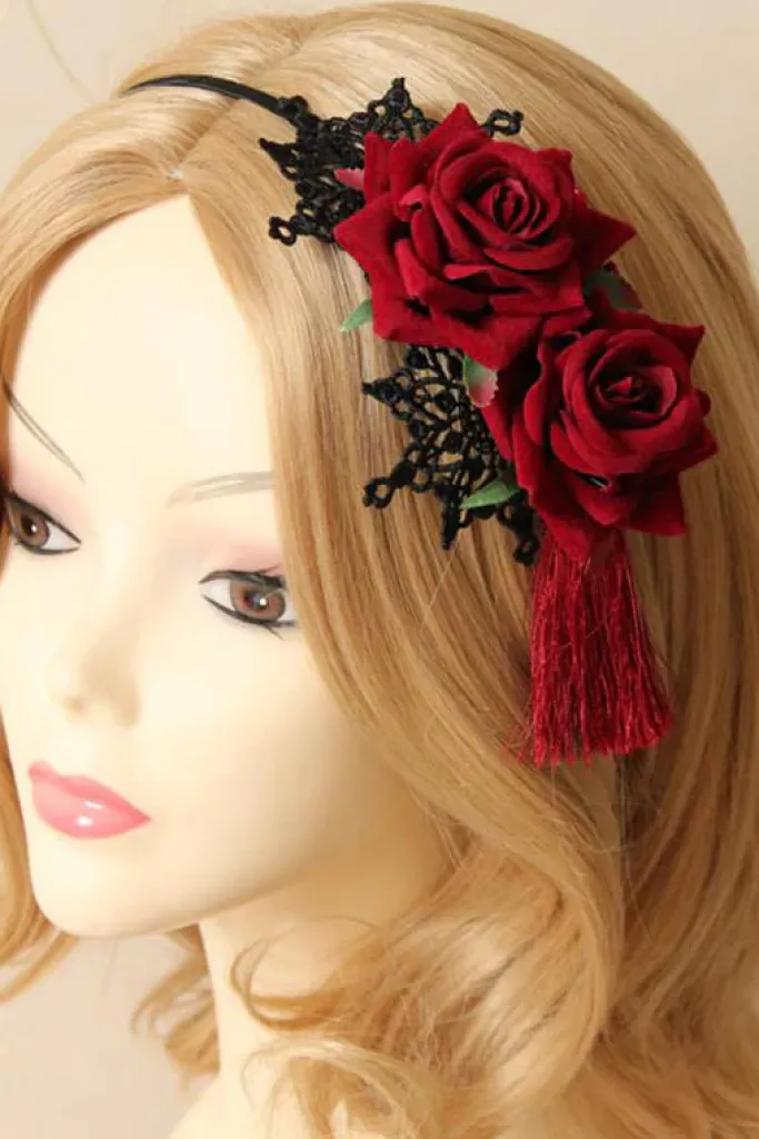 Gothic Hair Accessories Red Rose and Lace Tassle Headband