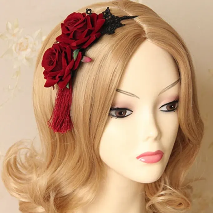 Gothic Hair Accessories Red Rose and Lace Tassle Headband