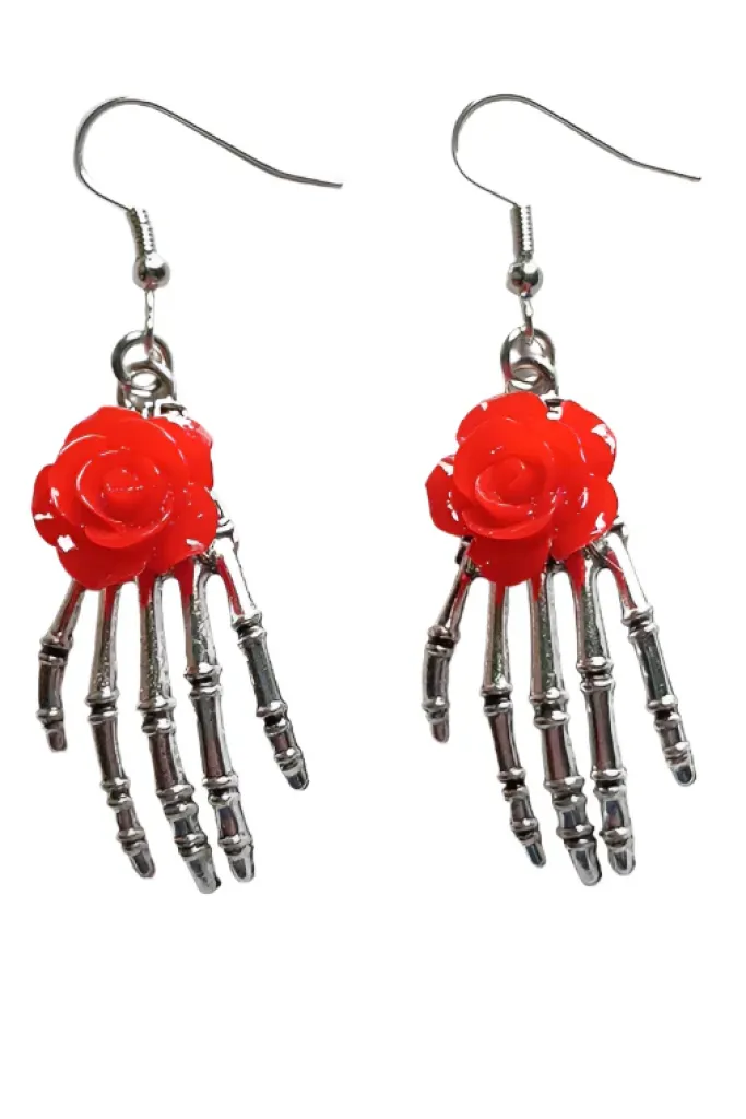Gothic and Steampunk Jewellery Red Rose Skeleton Earrings