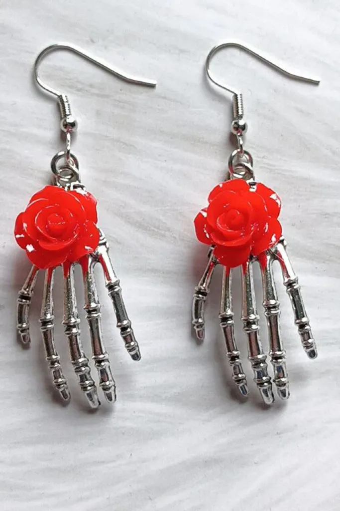 Gothic and Steampunk Jewellery Red Rose Skeleton Earrings