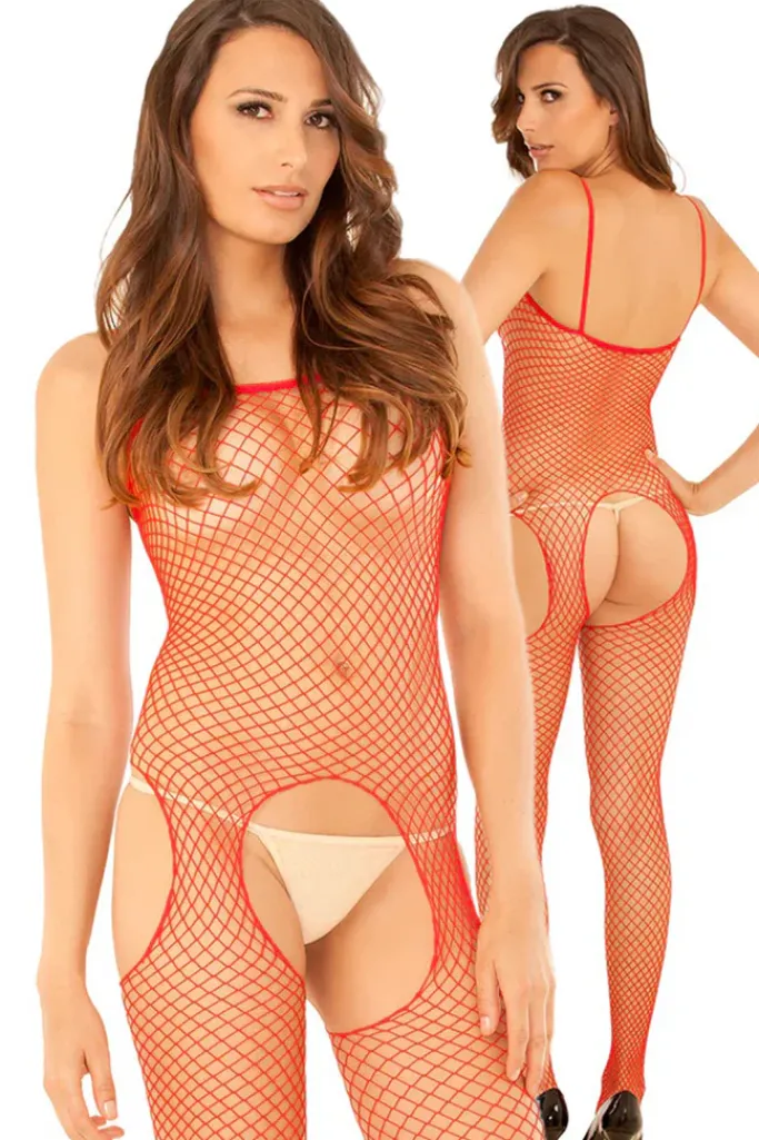 Rene Rofe Industry Net Red Suspender Bodystocking