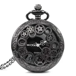Pocketwatches Steampunk Gunmetal Pocket Watch with Gears on Necklace Chain