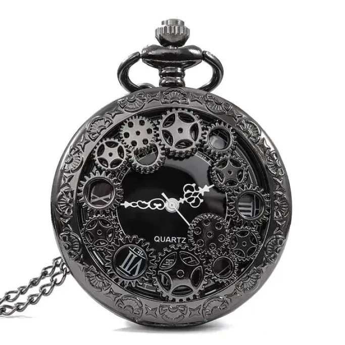 Pocketwatches Steampunk Gunmetal Pocket Watch with Gears on Necklace Chain