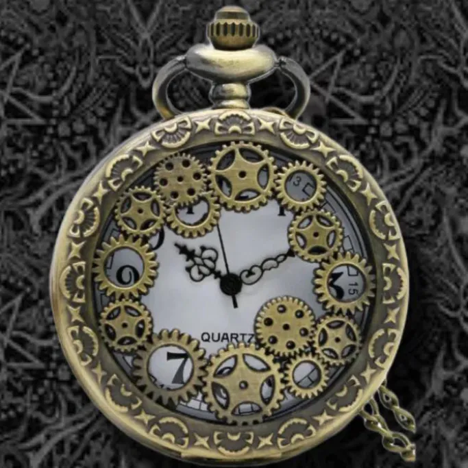 Pocketwatches Steampunk Pocket Watch with Gears on Necklace Chain