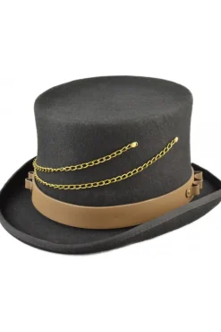 Euro Accessories Steampunk Top Hat with Faux Leather Hat Band and Chains