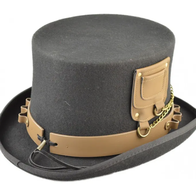 Euro Accessories Steampunk Top Hat with Faux Leather Hat Band and Chains