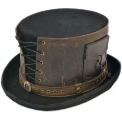 Euro Accessories Steampunk Top Hat with Laced Brown Leather Hat Band