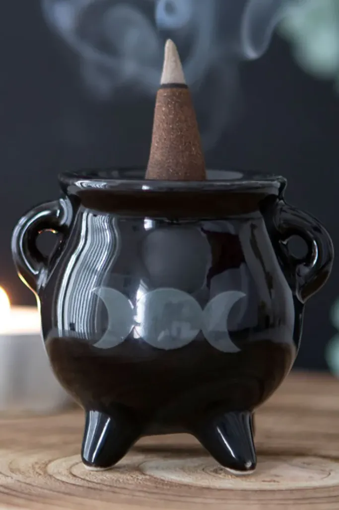 Something Different Triple Moon Cauldron Ceramic Incense Holder