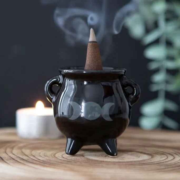 Something Different Triple Moon Cauldron Ceramic Incense Holder