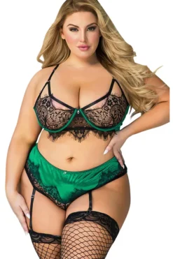 Yesx Plus Size Black/Emerald Bra Set